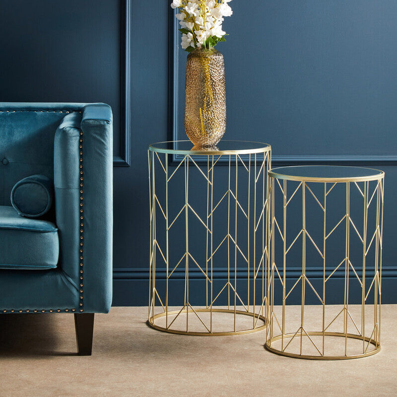 Art Deco Set of Two Champagne Finish Metal Base Side Tables with Reflective Mirrored Tops | Avantis
