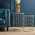 Art Deco Set of Two Champagne Finish Metal Base Side Tables with Reflective Mirrored Tops | Avantis