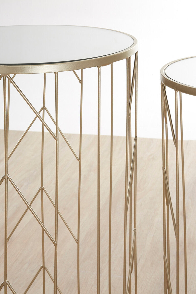 Art Deco Set of Two Champagne Finish Metal Base Side Tables with Reflective Mirrored Tops | Avantis