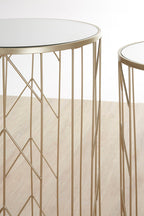 Art Deco Set of Two Champagne Finish Metal Base Side Tables with Reflective Mirrored Tops | Avantis