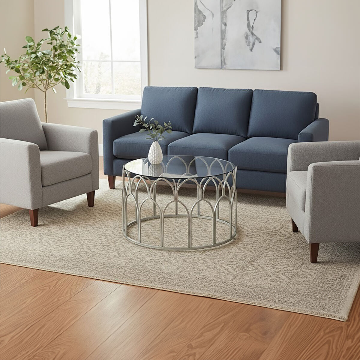 Round Glass Top and Silver Leaf Frame Coffee Table | Merlin