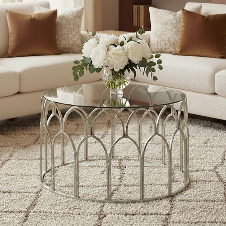 Round Glass Top and Silver Leaf Frame Coffee Table | Merlin