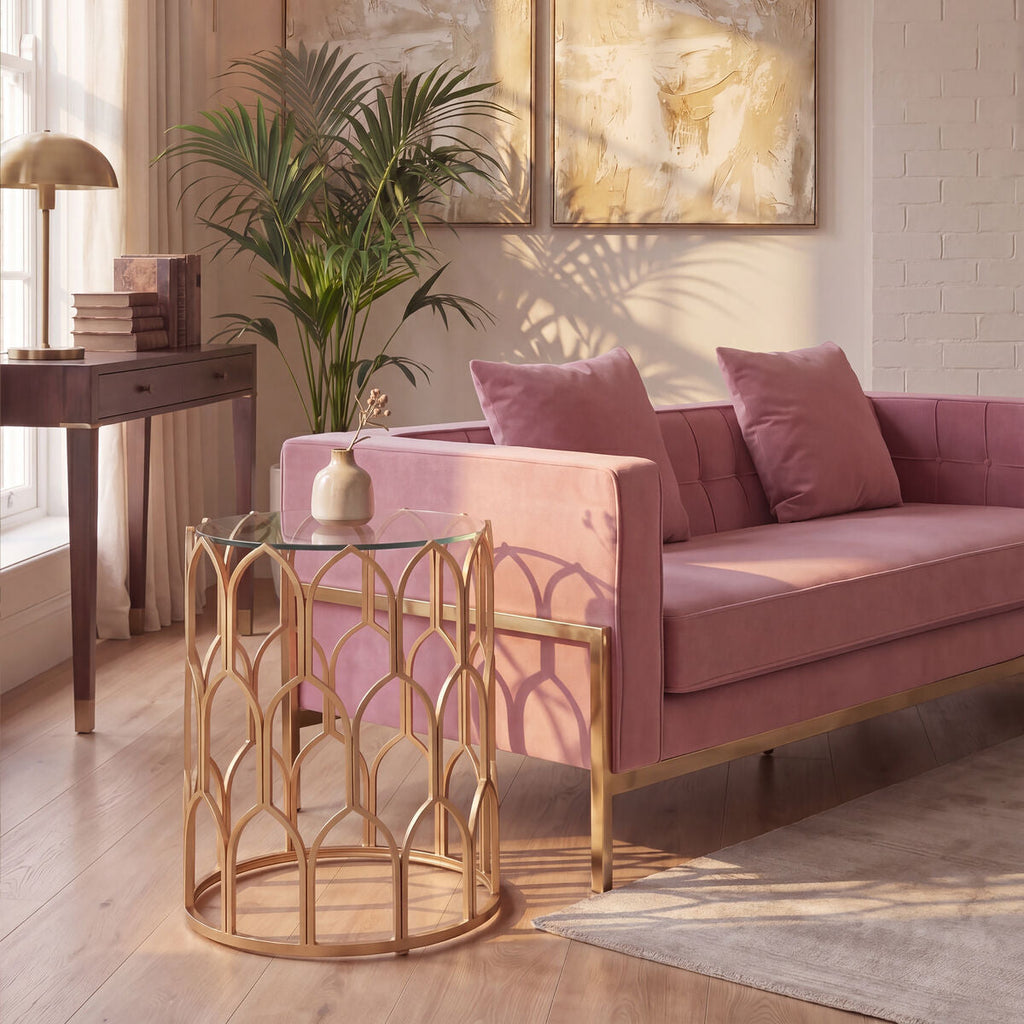 Gold Round Side Table with Geometric Design | Merlin