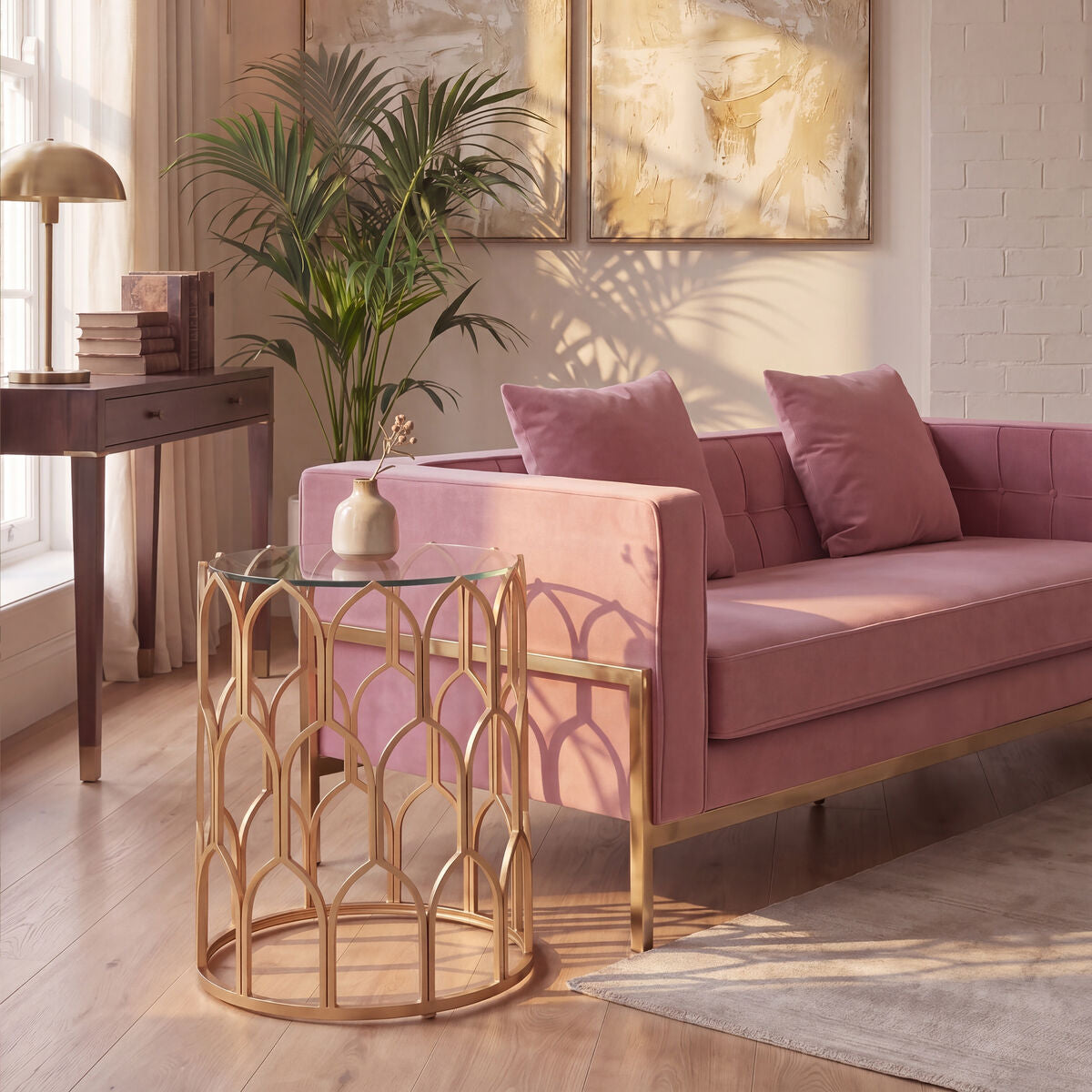 Gold Round Side Table with Geometric Design | Merlin