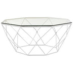 Hexagon Tempered Glass Top Coffee Table with Silver Chrome Geometric Base | Allure
