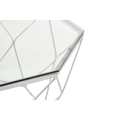 Hexagon Tempered Glass Top Coffee Table with Silver Chrome Geometric Base | Allure