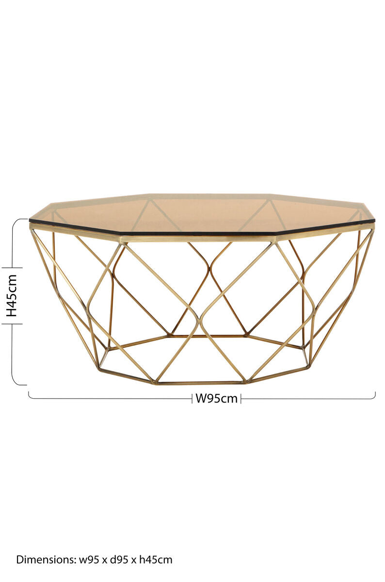 Brown Brushed Bronze Diamond Base Coffee Table with Amber Glass Top | Allure