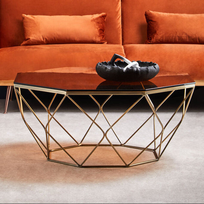 Brown Brushed Bronze Diamond Base Coffee Table with Amber Glass Top | Allure