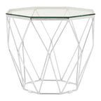 Tempered Glass Top Hexagon End Table with Silver Stainless Steel Geometric Base | Allure