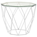 Tempered Glass Top Hexagon End Table with Silver Stainless Steel Geometric Base | Allure