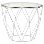 Tempered Glass Top Hexagon End Table with Silver Stainless Steel Geometric Base | Allure