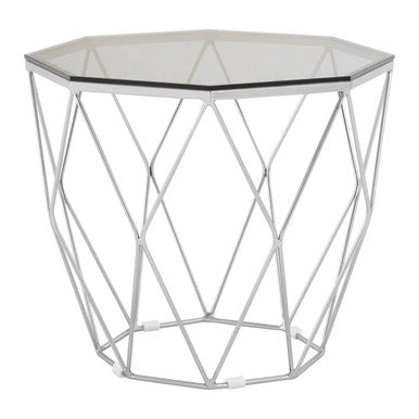 Smoke Grey Tempered Glass Top Octagonal End Table with Brushed Nickel Geometric Base, Allure