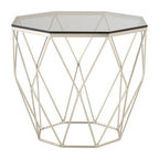 Smoke Grey Tempered Glass Top Octagonal End Table with Brushed Nickel Geometric Base, Allure