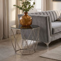 Smoke Grey Tempered Glass Top Octagonal End Table with Brushed Nickel Geometric Base, Allure
