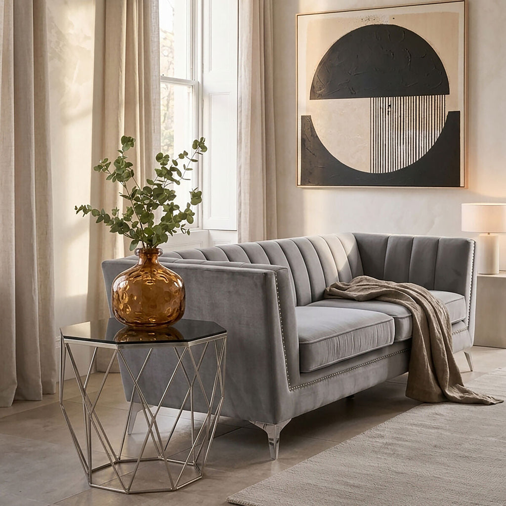 Smoke Grey Tempered Glass Top Octagonal End Table with Brushed Nickel Geometric Base, Allure
