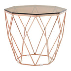 Rose Gold Metal Geometric Side Table with Hexagonal Tempered Glass Top | Allure
