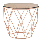 Rose Gold Metal Geometric Side Table with Hexagonal Tempered Glass Top | Allure