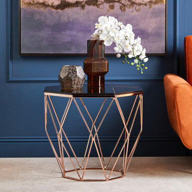 Rose Gold Metal Geometric Side Table with Hexagonal Tempered Glass Top | Allure
