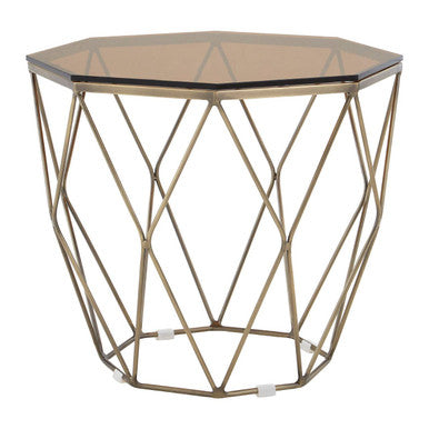 Brush Brushed Bronze Metal Geometric Side Table with Hexagonal Tempered Glass Top | Allure