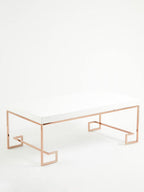 White High Gloss Wood Top Coffee Table with Rose Gold Angled Stainless Steel Leg | Allure