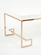White High Gloss Wood Top Coffee Table with Rose Gold Angled Stainless Steel Leg | Allure