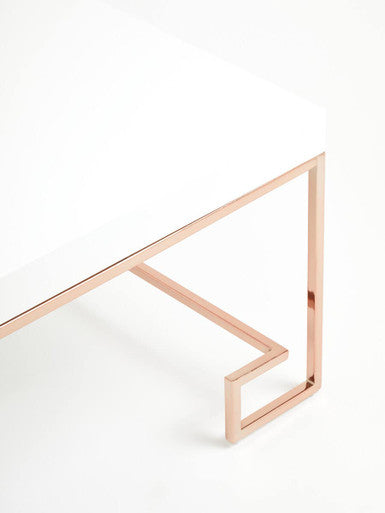 White High Gloss Wood Top Coffee Table with Rose Gold Angled Stainless Steel Leg | Allure
