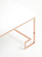 White High Gloss Wood Top Coffee Table with Rose Gold Angled Stainless Steel Leg | Allure