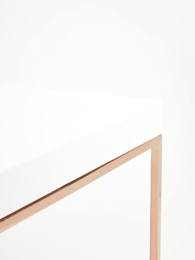 White High Gloss Wood Top Coffee Table with Rose Gold Angled Stainless Steel Leg | Allure