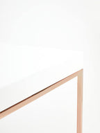 White High Gloss Wood Top Coffee Table with Rose Gold Angled Stainless Steel Leg | Allure