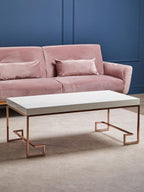 White High Gloss Wood Top Coffee Table with Rose Gold Angled Stainless Steel Leg | Allure