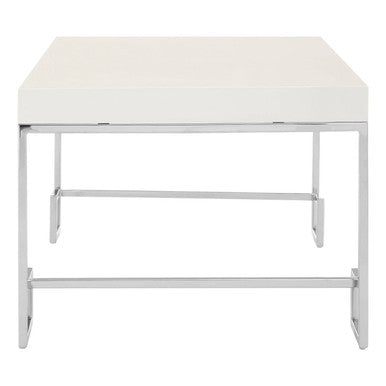 White High Gloss Wood Top Coffee Table with Silver Chrome Angled Stainless Steel Leg | Allure