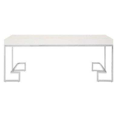 White High Gloss Wood Top Coffee Table with Silver Chrome Angled Stainless Steel Leg | Allure