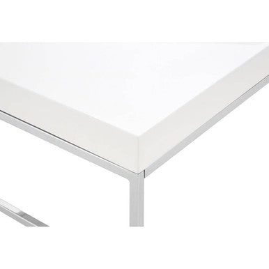 White High Gloss Wood Top Coffee Table with Silver Chrome Angled Stainless Steel Leg | Allure