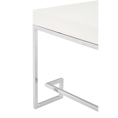 White High Gloss Wood Top Coffee Table with Silver Chrome Angled Stainless Steel Leg | Allure