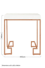 White High Gloss Wood Top End Table with Rose Gold Angled Stainless Steel Leg | Allure