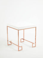 White High Gloss Wood Top End Table with Rose Gold Angled Stainless Steel Leg | Allure