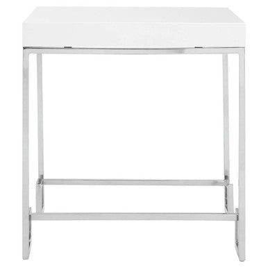 White High Gloss Wood Top End Table with Silver Chrome Angled Stainless Steel Leg | Allure