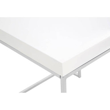 White High Gloss Wood Top End Table with Silver Chrome Angled Stainless Steel Leg | Allure