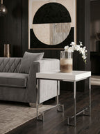 White High Gloss Wood Top End Table with Silver Chrome Angled Stainless Steel Leg | Allure
