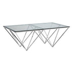 Clear Tempered Glass Coffee Table with Chrome Metal Triangular Base | Allure