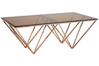 Red-Tinted Tempered Glass Top Coffee Table with Geometric Prismatic Champagne Metal Legs, Allure