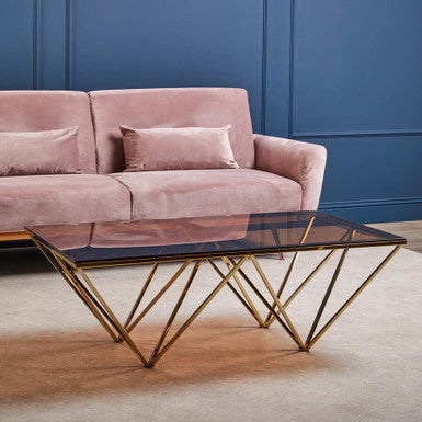 Red-Tinted Tempered Glass Top Coffee Table with Geometric Prismatic Champagne Metal Legs, Allure