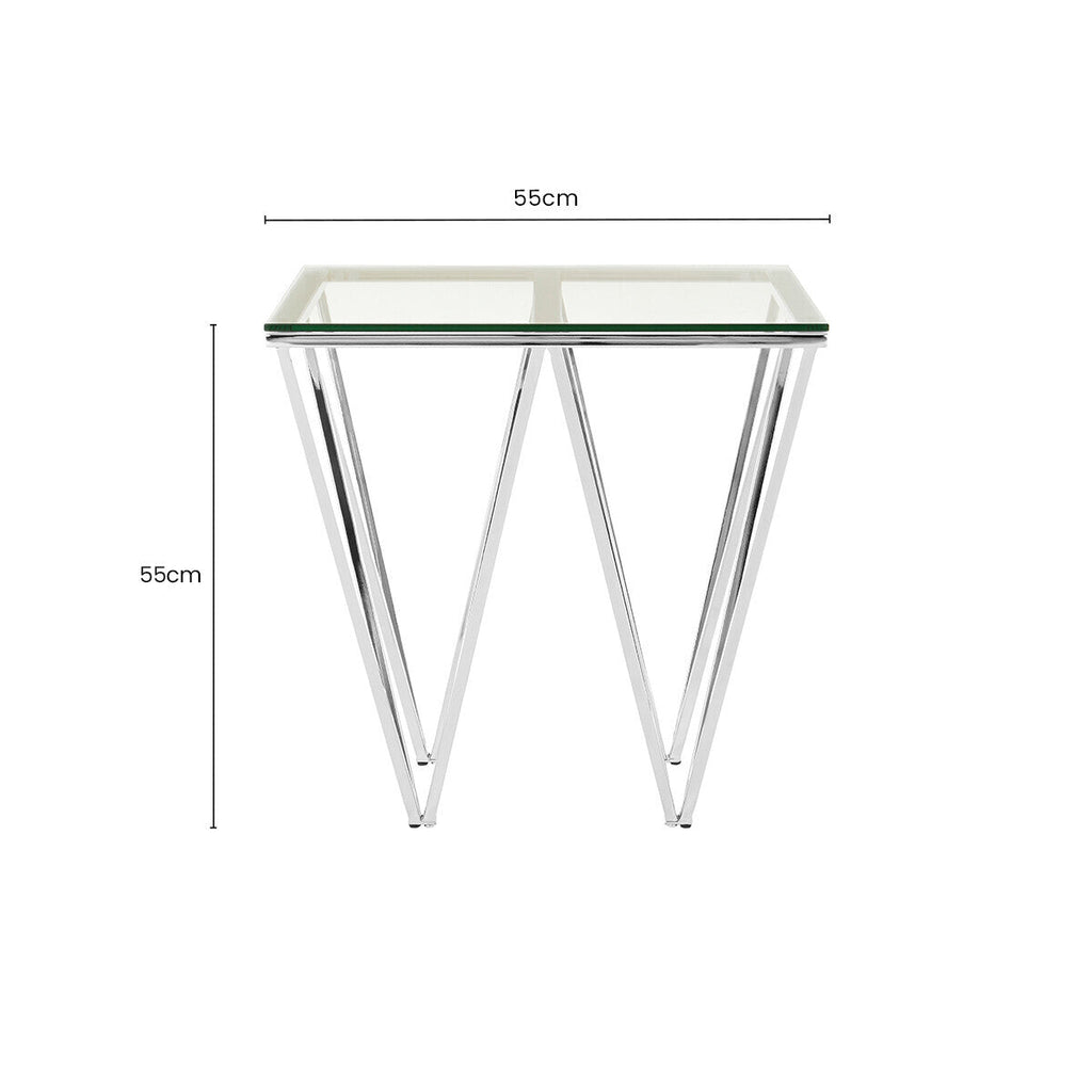 Clear Tempered Glass Coffee Table with Chrome Triangular Metal Legs | Allure