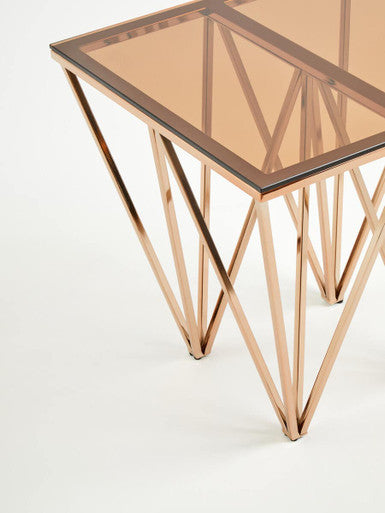 Amber Tinted Glass Top End Table with Rose Gold Prismatic Legs | Allure