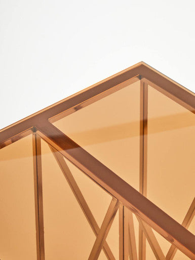 Amber Tinted Glass Top End Table with Rose Gold Prismatic Legs | Allure