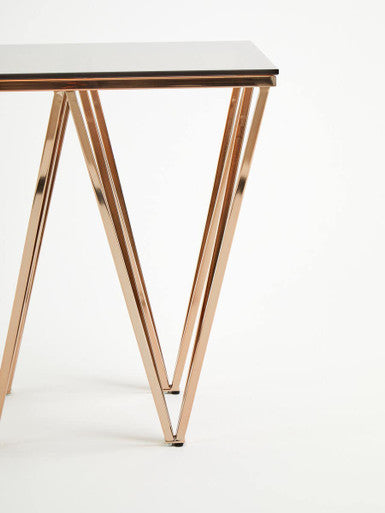 Amber Tinted Glass Top End Table with Rose Gold Prismatic Legs | Allure