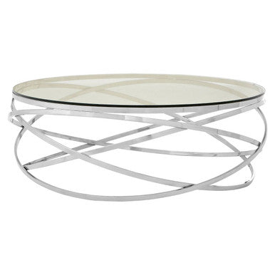 Round Tempered Glass Top Coffee Table with Silver Swirl Stainless Steel Hoop Base | Allure
