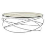 Round Tempered Glass Top Coffee Table with Silver Swirl Stainless Steel Hoop Base | Allure