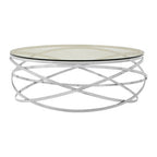 Round Tempered Glass Top Coffee Table with Silver Swirl Stainless Steel Hoop Base | Allure