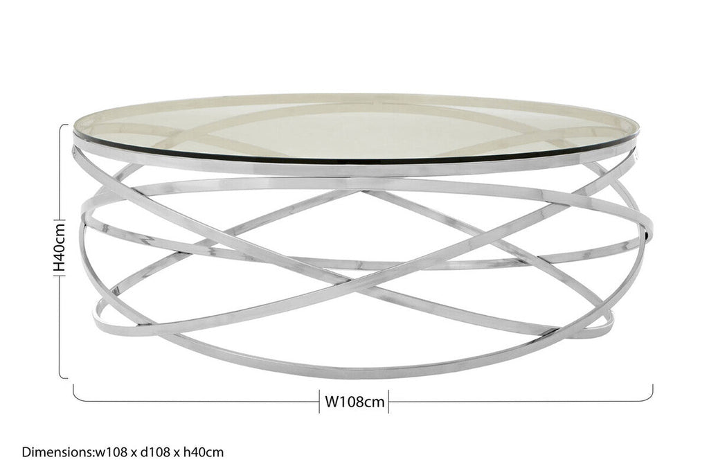 Round Tempered Glass Top Coffee Table with Silver Swirl Stainless Steel Hoop Base | Allure